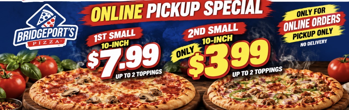 Online Pickup Special — 1st Small 10-inch pizza $7.99, 2nd Small pizza only $3.99, up to 2 toppings, online orders pickup only, no delivery